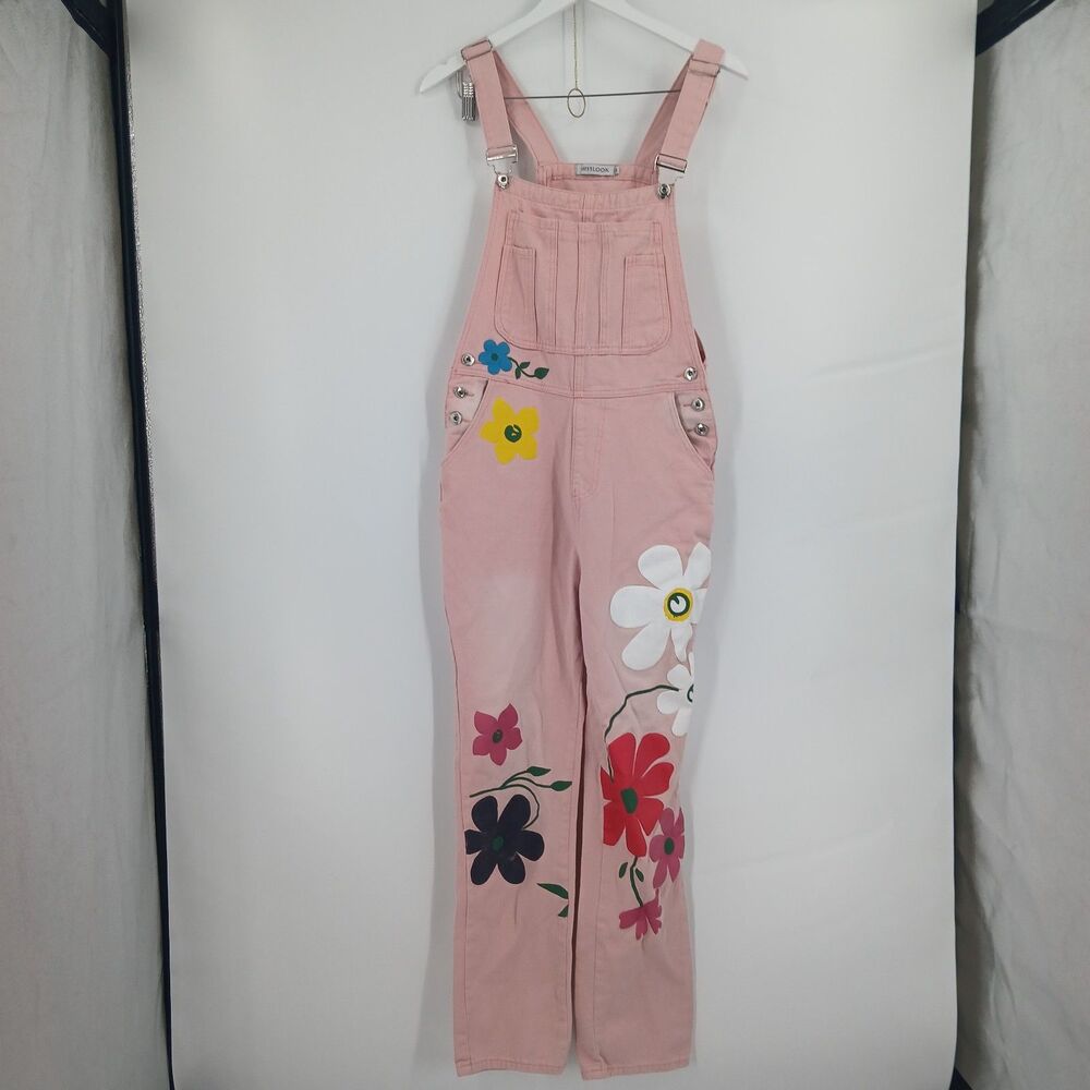 Women's Misslook Floral Embroidered Corduroy Overall Jumpsuit Pink Size Medium